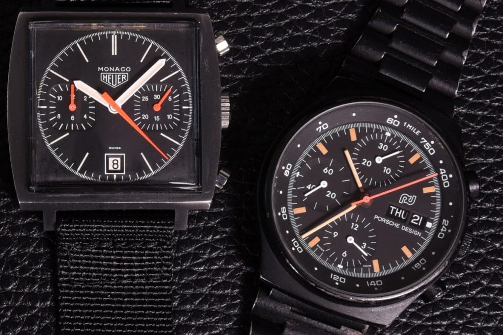 TAG Heuer Monaco "Dark Lord" (1974) et Porsche Design Chronograph 1 (1972)