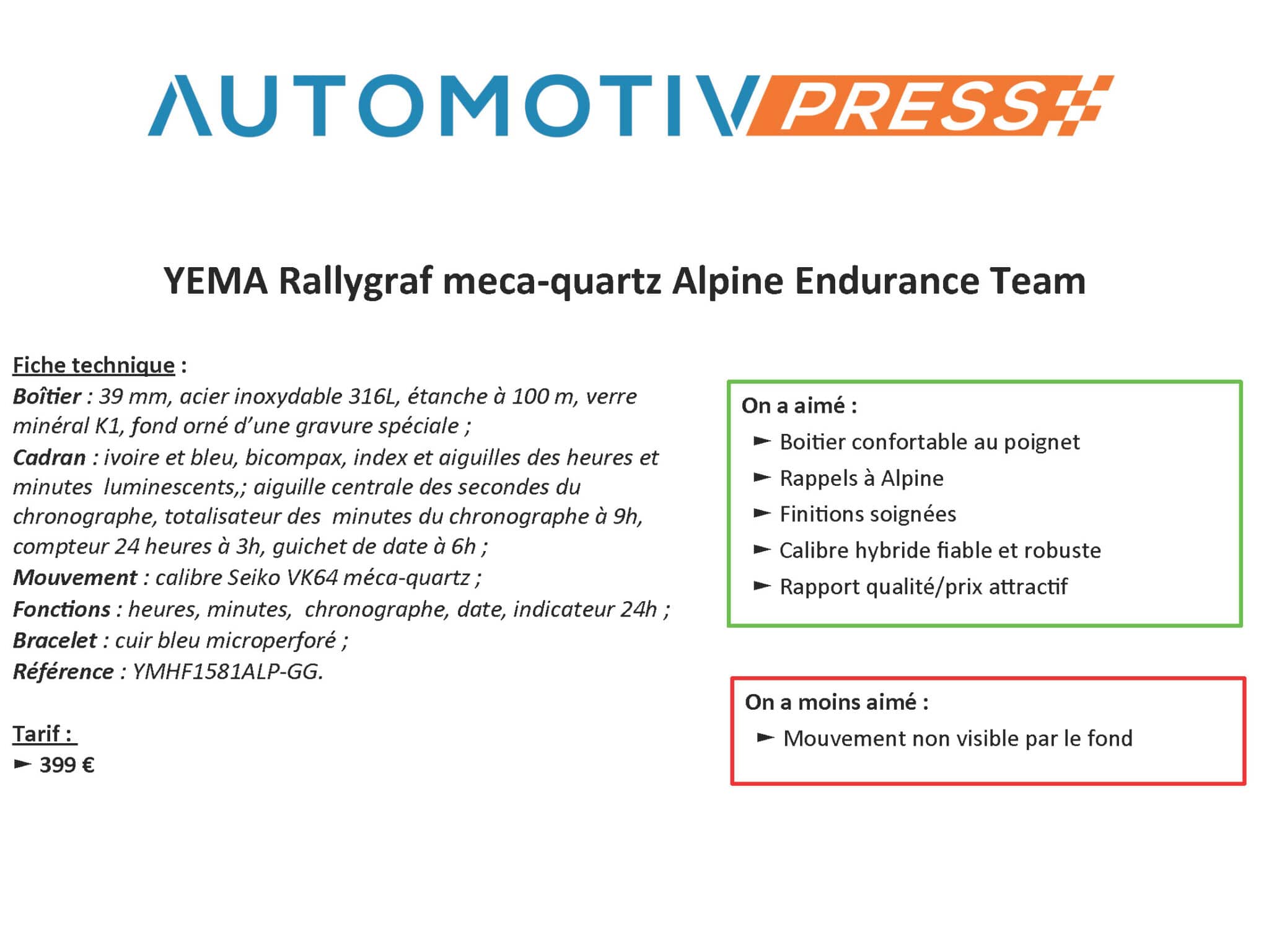 Yema Rallygraf meca-quartz Alpine Endurance Team