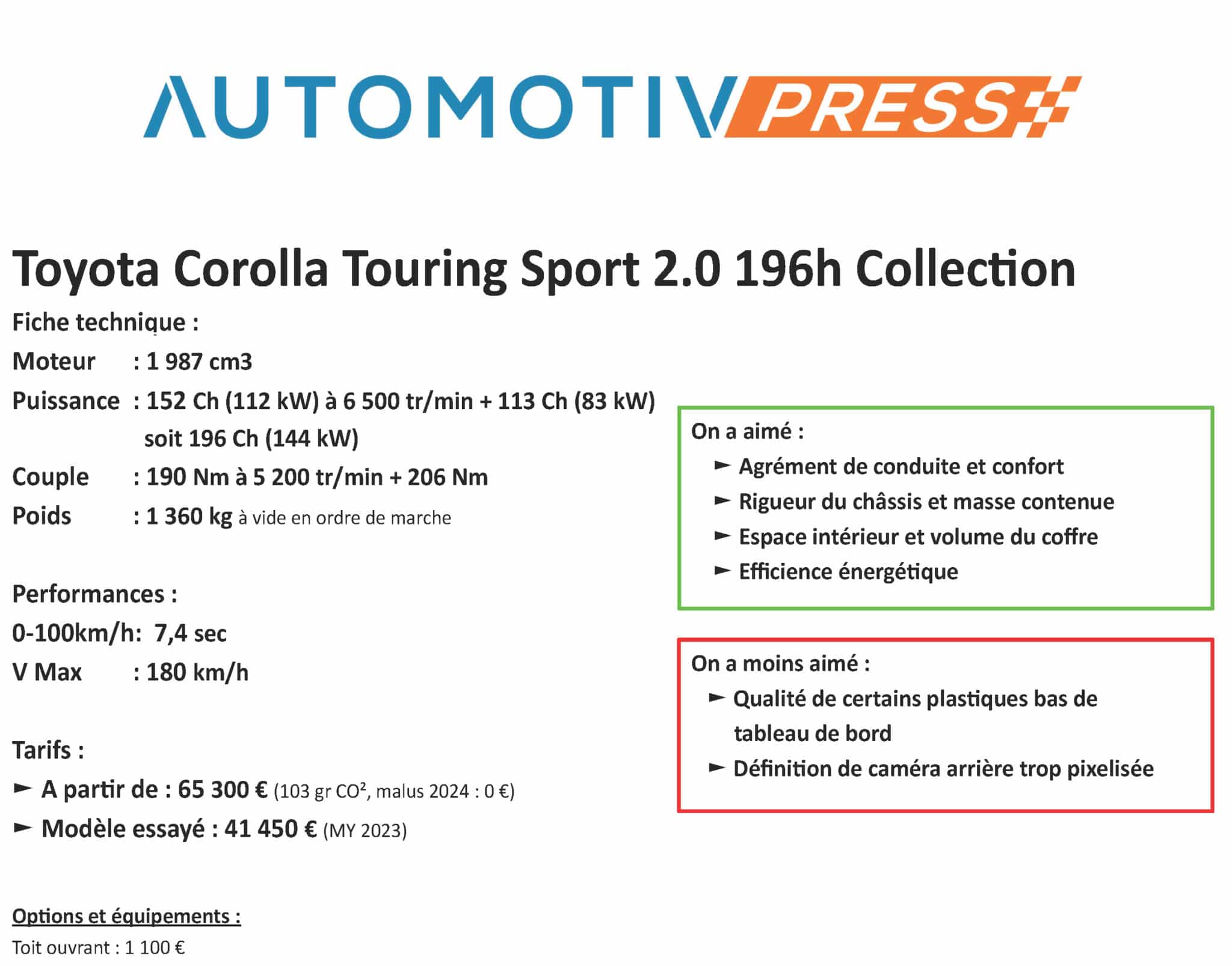 Toyota Corolla Touring Sport hybride 2.0 196h